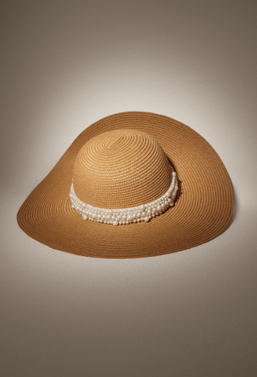 Foto de sombrero para mujer color beige con perlas blancas de la marca Studio F 